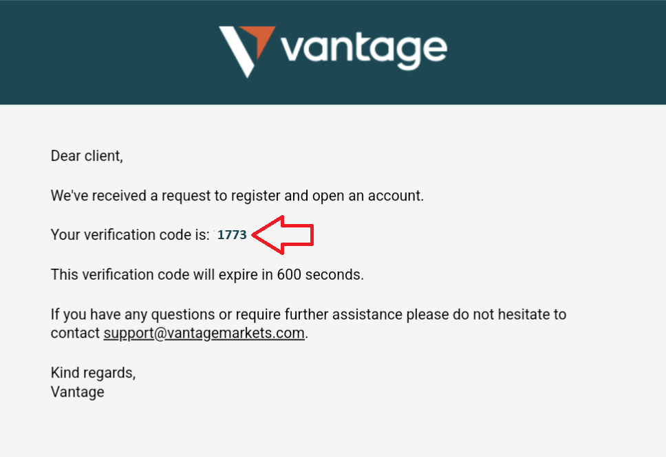 Code vérification par email VantageMarkets 2024