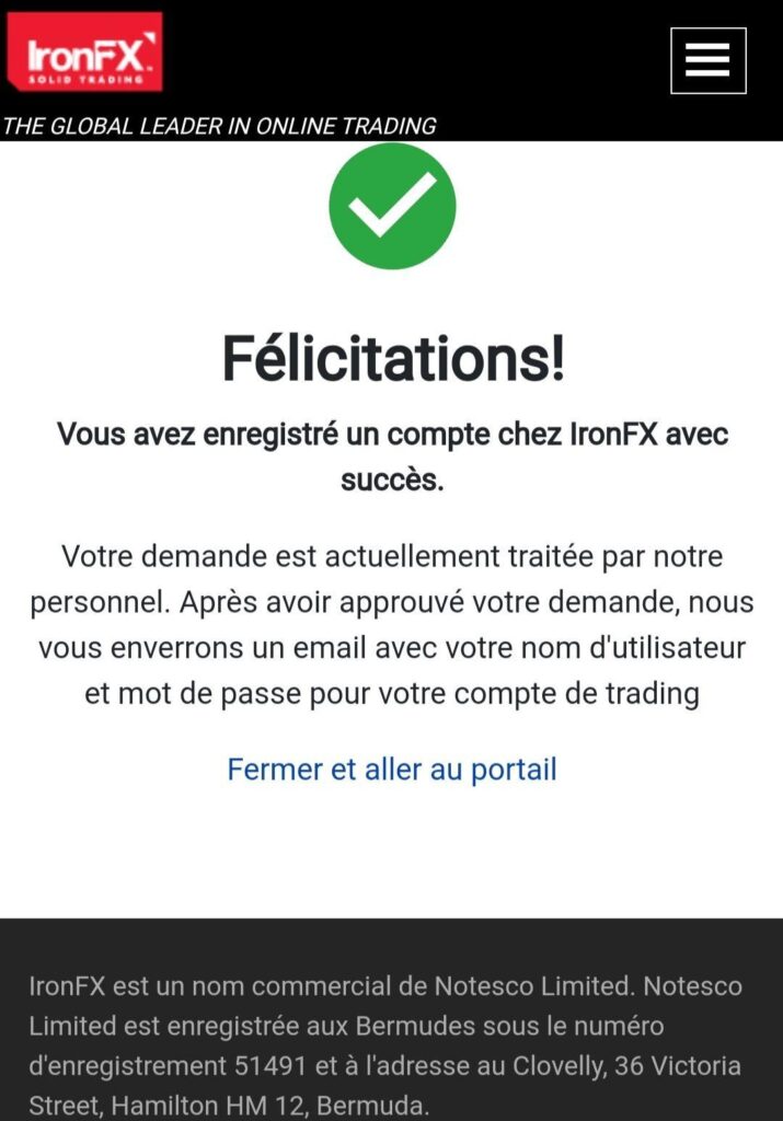 Confirmation de ouverture du compte de trading