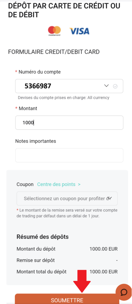 Dépôt du capital par carte bancaire