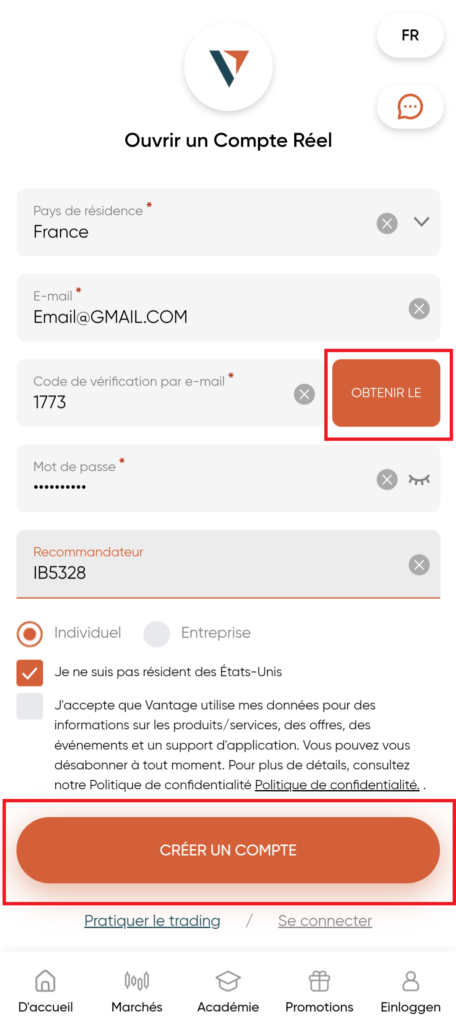 Formulaire d'inscription pour ouvrir un compte client chez VantageMarkets