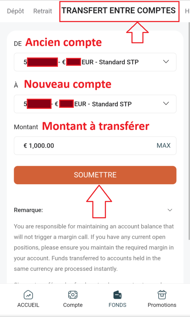 Transfert de capital entre deux comptes de trading