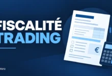 Illustration de la fiscalité du trading avec document fiscal et éléments financiers stylisés