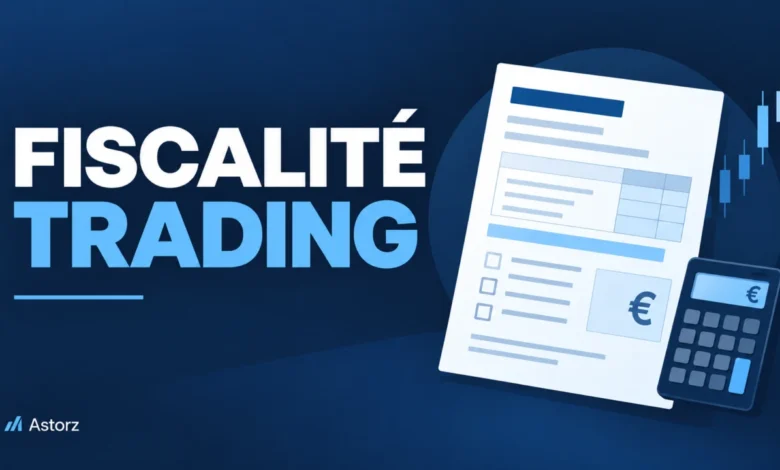 Illustration de la fiscalité du trading avec document fiscal et éléments financiers stylisés