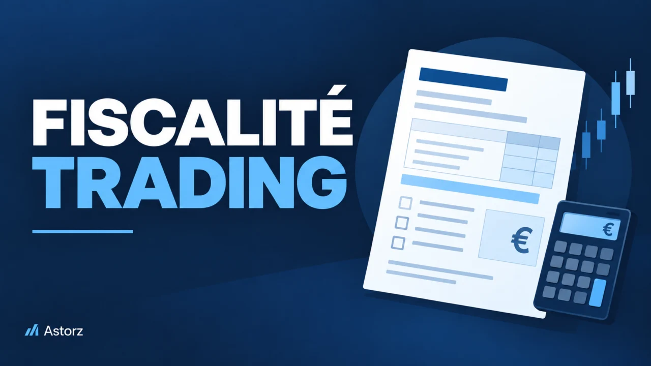 Illustration de la fiscalité du trading avec document fiscal et éléments financiers stylisés