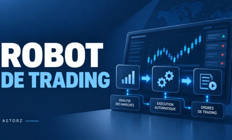 Illustration éditoriale d’un robot de trading automatique et d’un algorithme sur les marchés financiers