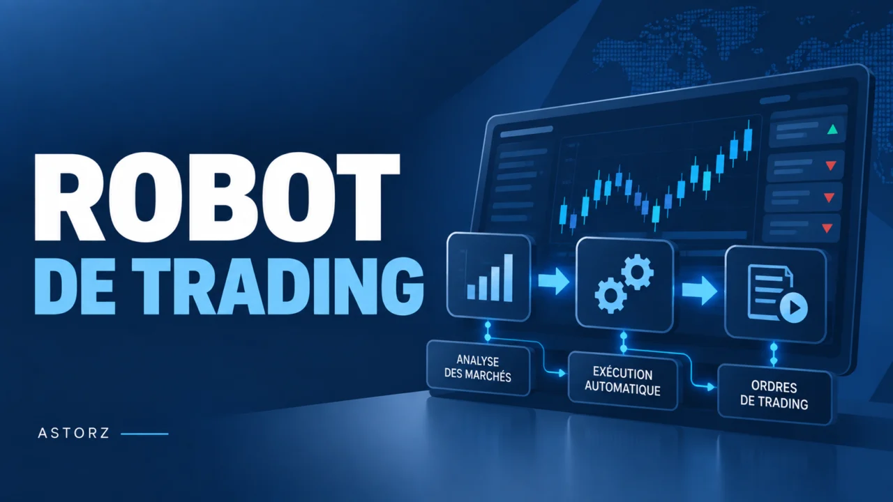Illustration éditoriale d’un robot de trading automatique et d’un algorithme sur les marchés financiers